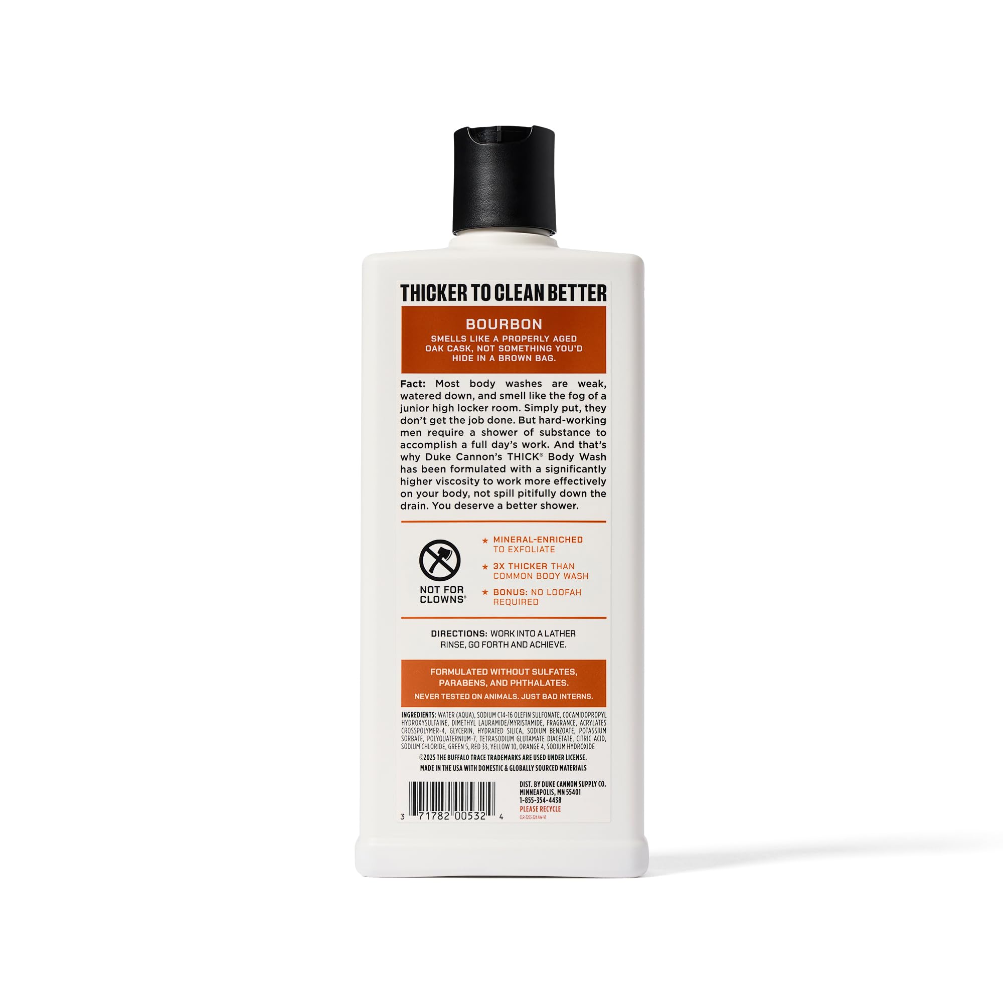 Duke Cannon Bourbon Thick Body Wash rugged morning shower scene conveys performance and grit.
