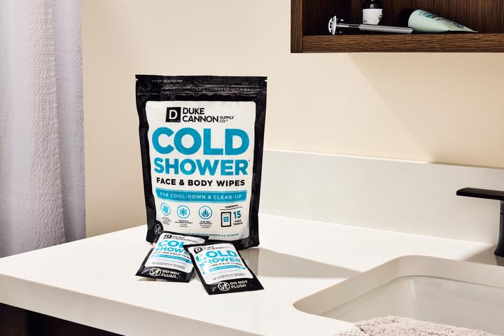 Duke Cannon Cold Shower Towels dispenser closeup notes no rinse convenience