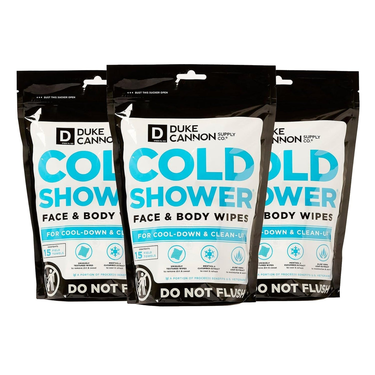Duke Cannon Cold Shower Towels pack front showing resealable pouch for on the go cooling