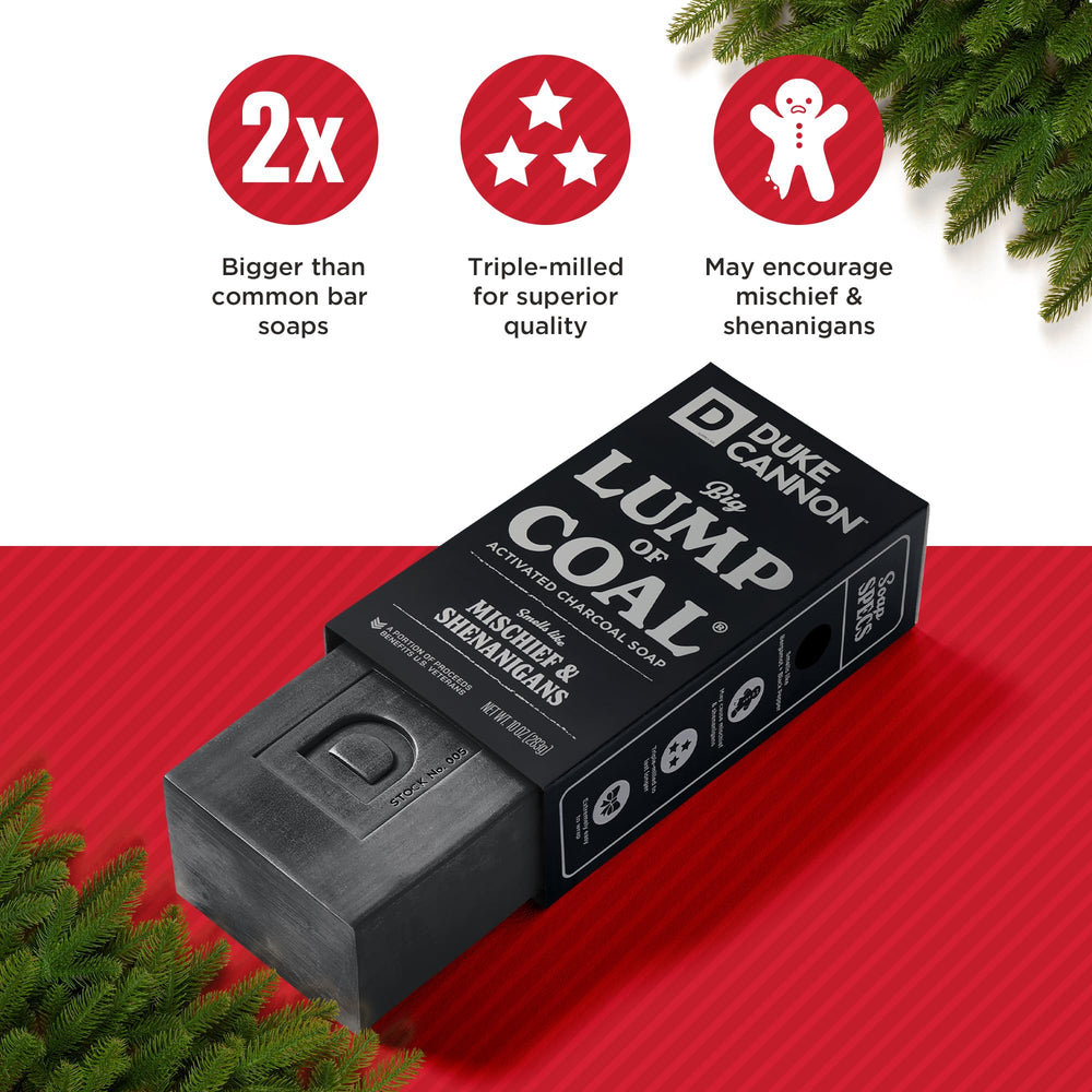 Duke Cannon Lump of Coal holiday gift box packaging ready.