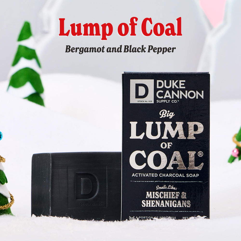 Duke Cannon Lump of Coal soap bergamot pepper scent enhances daily grooming.