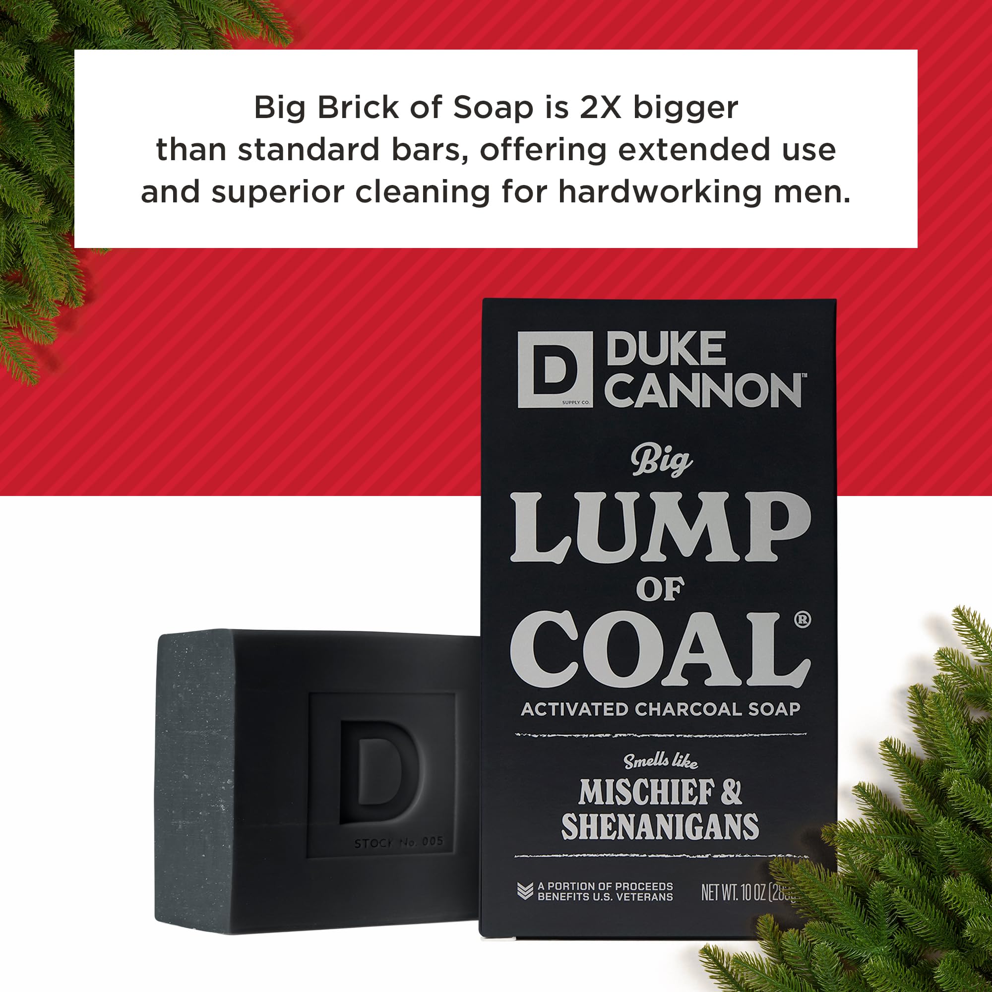 Duke Cannon Lump of Coal soap on display in festive holiday packaging.