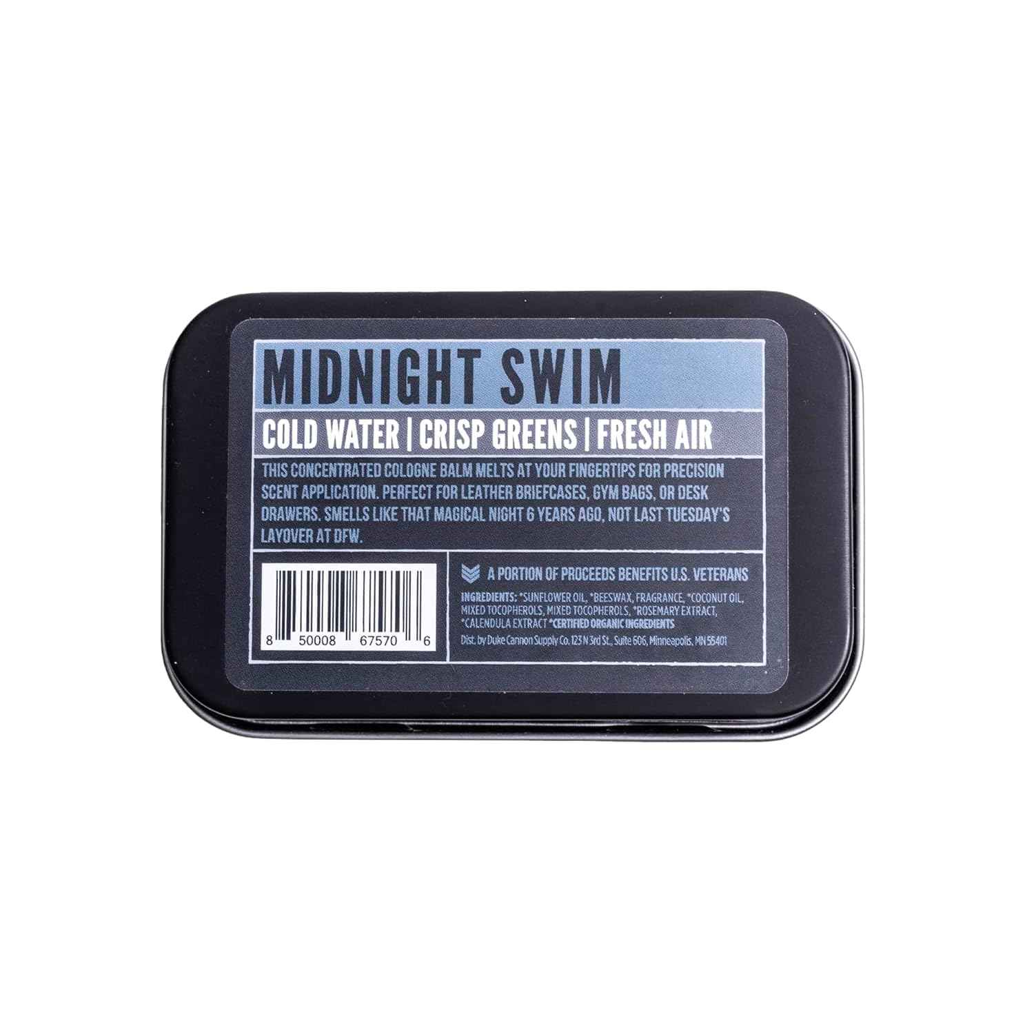 Duke Cannon Midnight Swim application image shows fingertips applying concentrated balm.