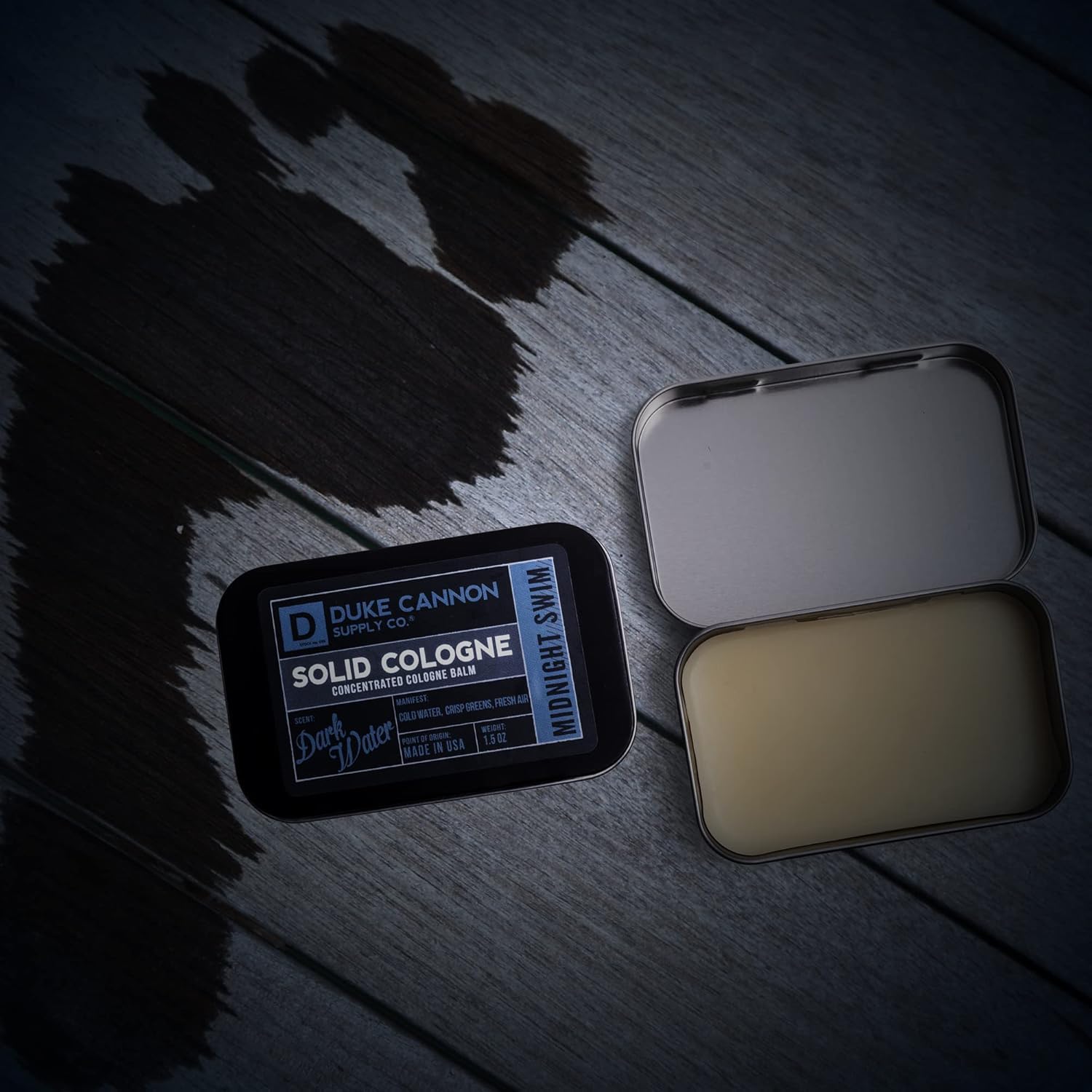 Duke Cannon Midnight Swim branding close-up showing rugged packaging.