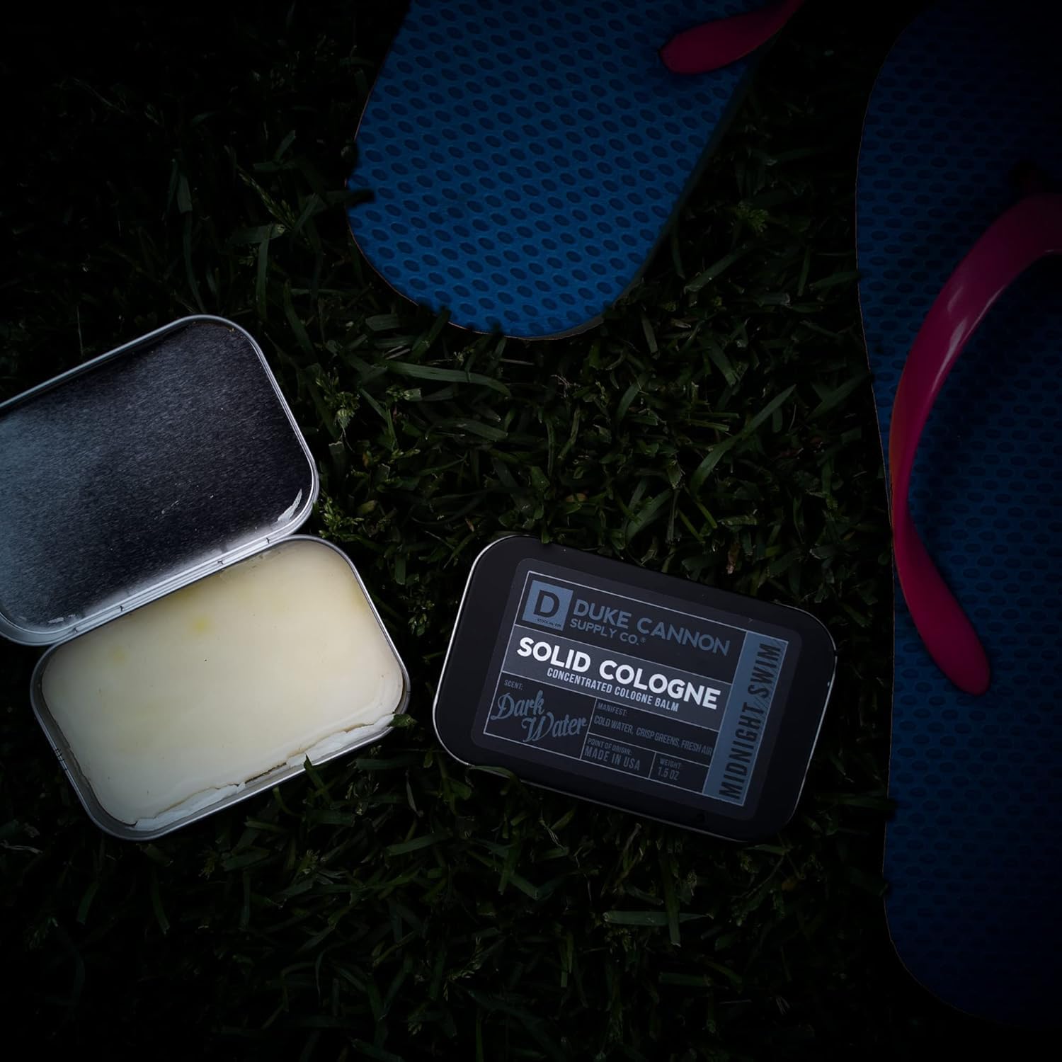 Duke Cannon Midnight Swim packaging image showing compact travel tin for easy storage.