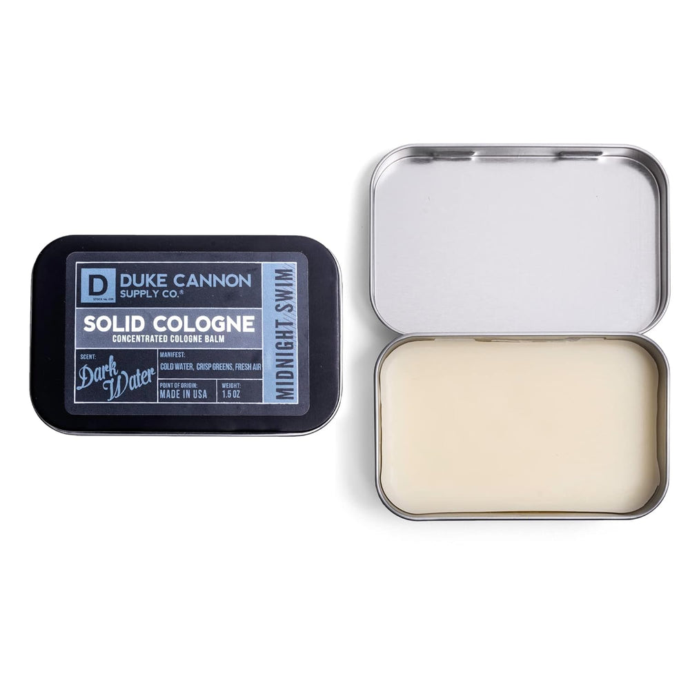 Duke Cannon Midnight Swim travel tin image highlighting compact size for portability.