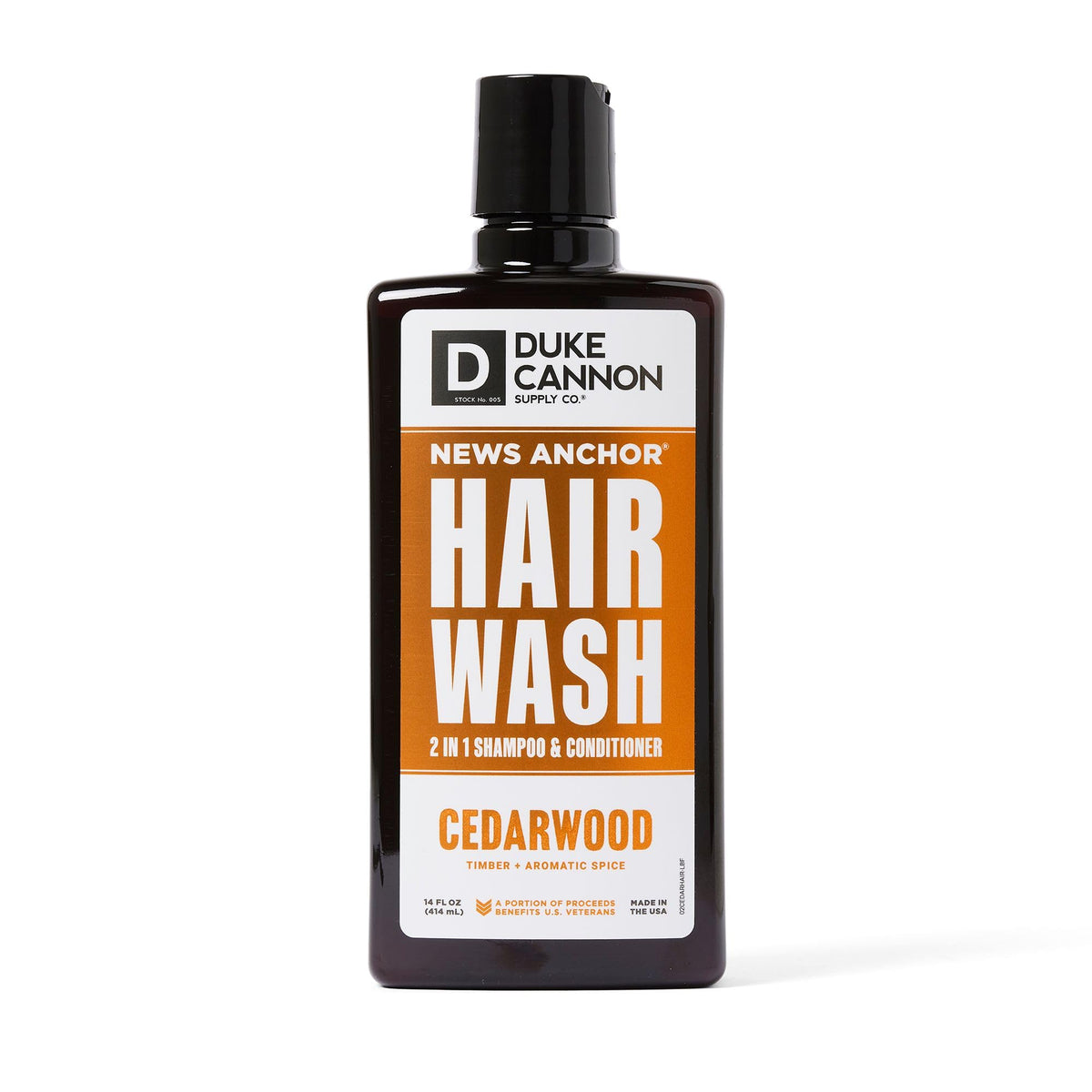 Duke Cannon News Anchor bottle front, 14oz 2-in-1 shampoo and conditioner for quick daily care.