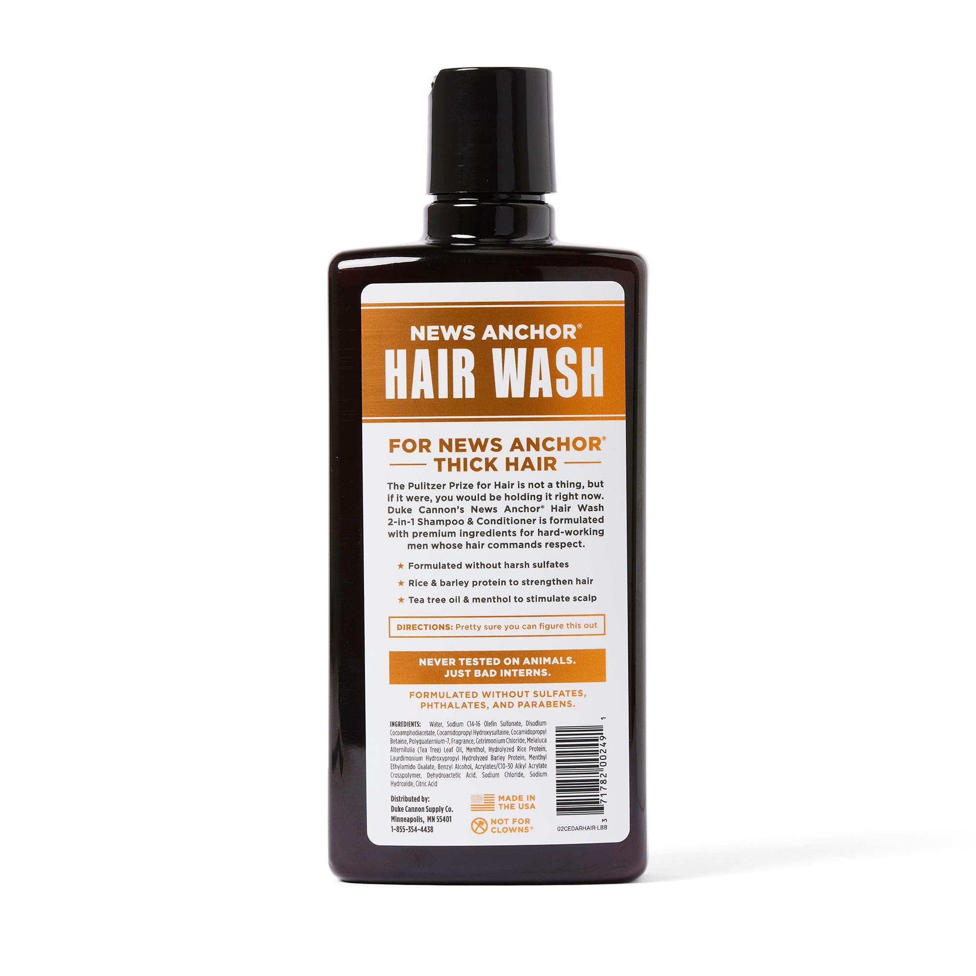 Duke Cannon News Anchor cedarwood scent image highlights masculine fragrance for refreshed hair.