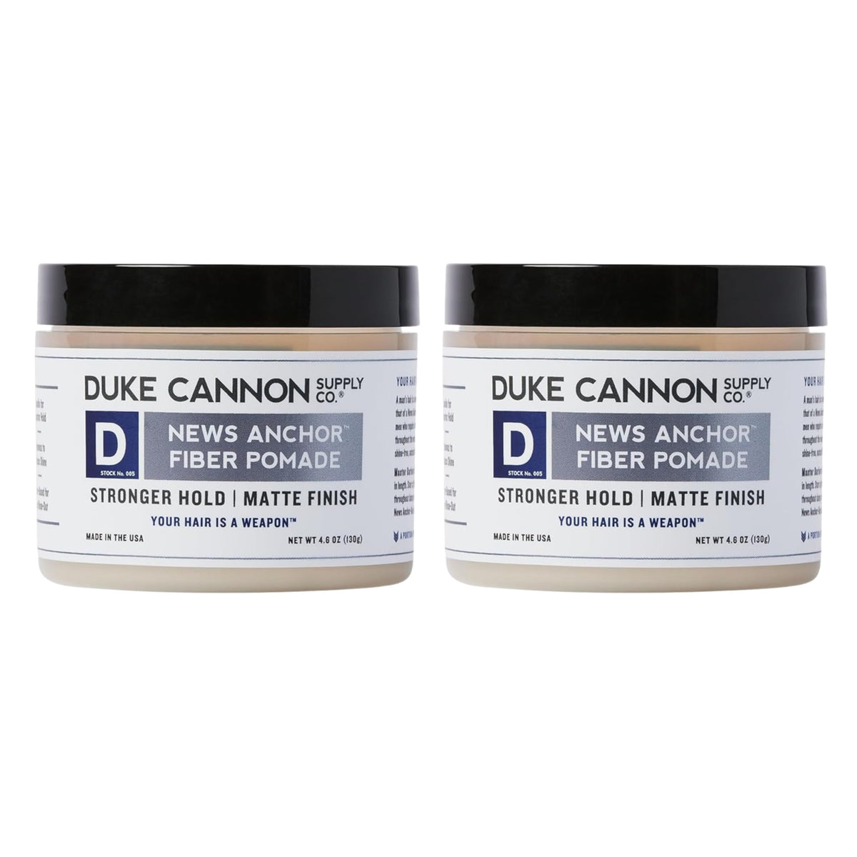Duke Cannon News Anchor Fiber Pomade two-pack bottles for easy on-the-go styling with all-day hold