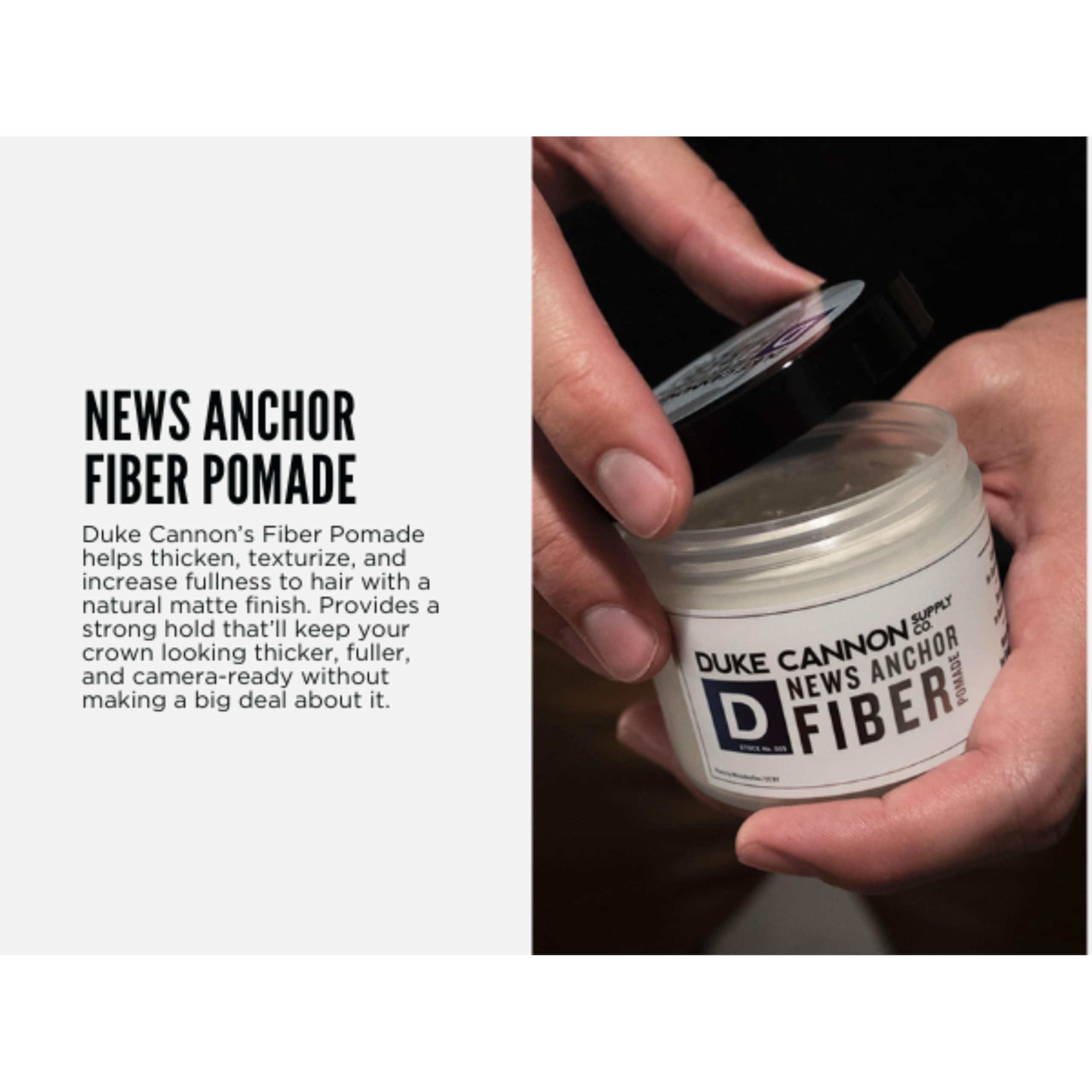 Duke Cannon News Anchor Fiber Pomade US-made badge conveys quality you can trust.