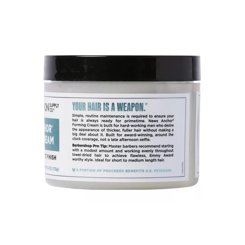 Duke Cannon News Anchor Forming Cream close-up showing natural matte hold