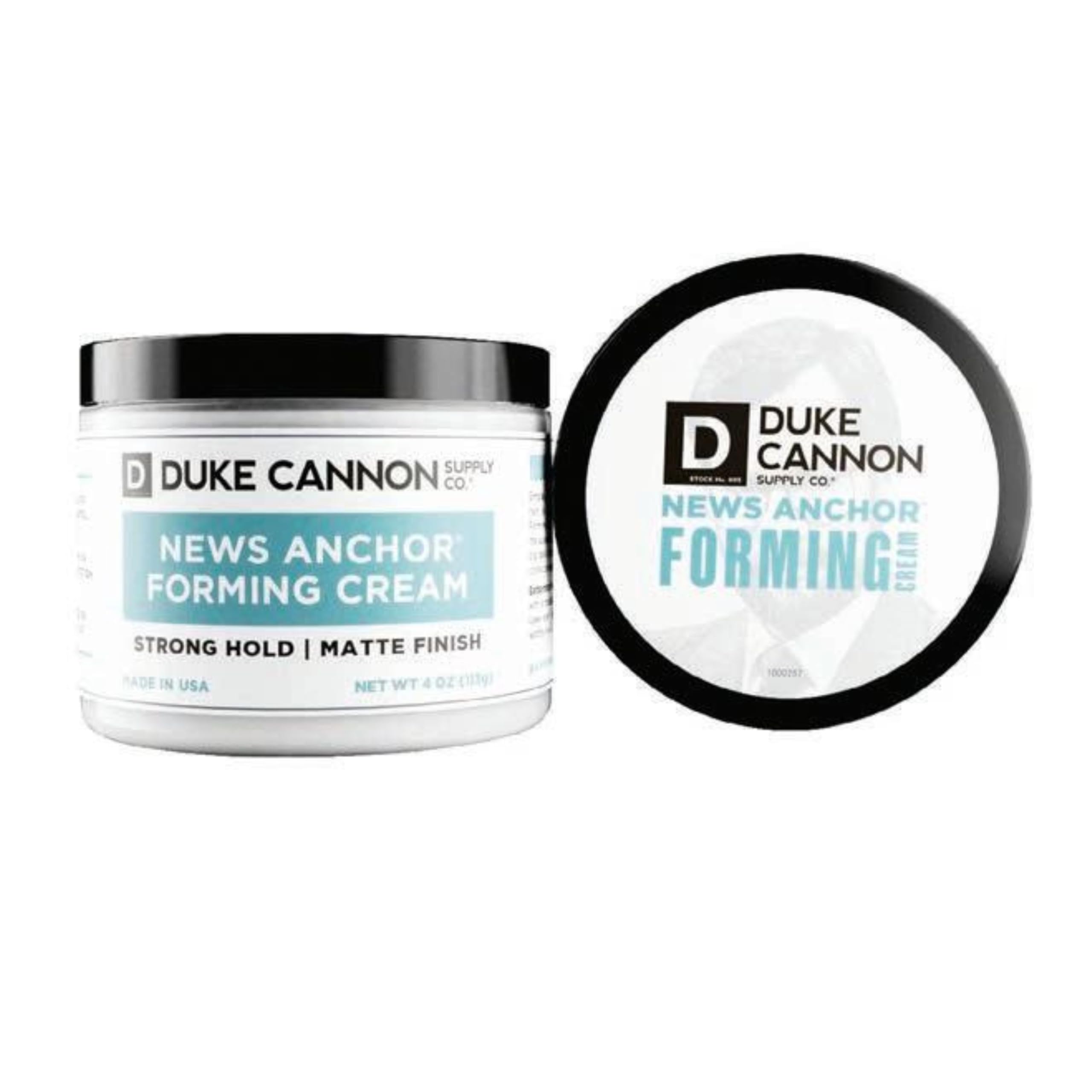 Duke Cannon News Anchor Forming Cream packaging emphasizes versatile styling options
