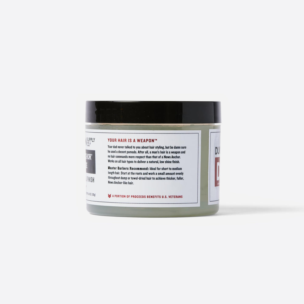 Duke Cannon News Anchor Pomade brand logo close-up signals trusted grooming for busy mornings.