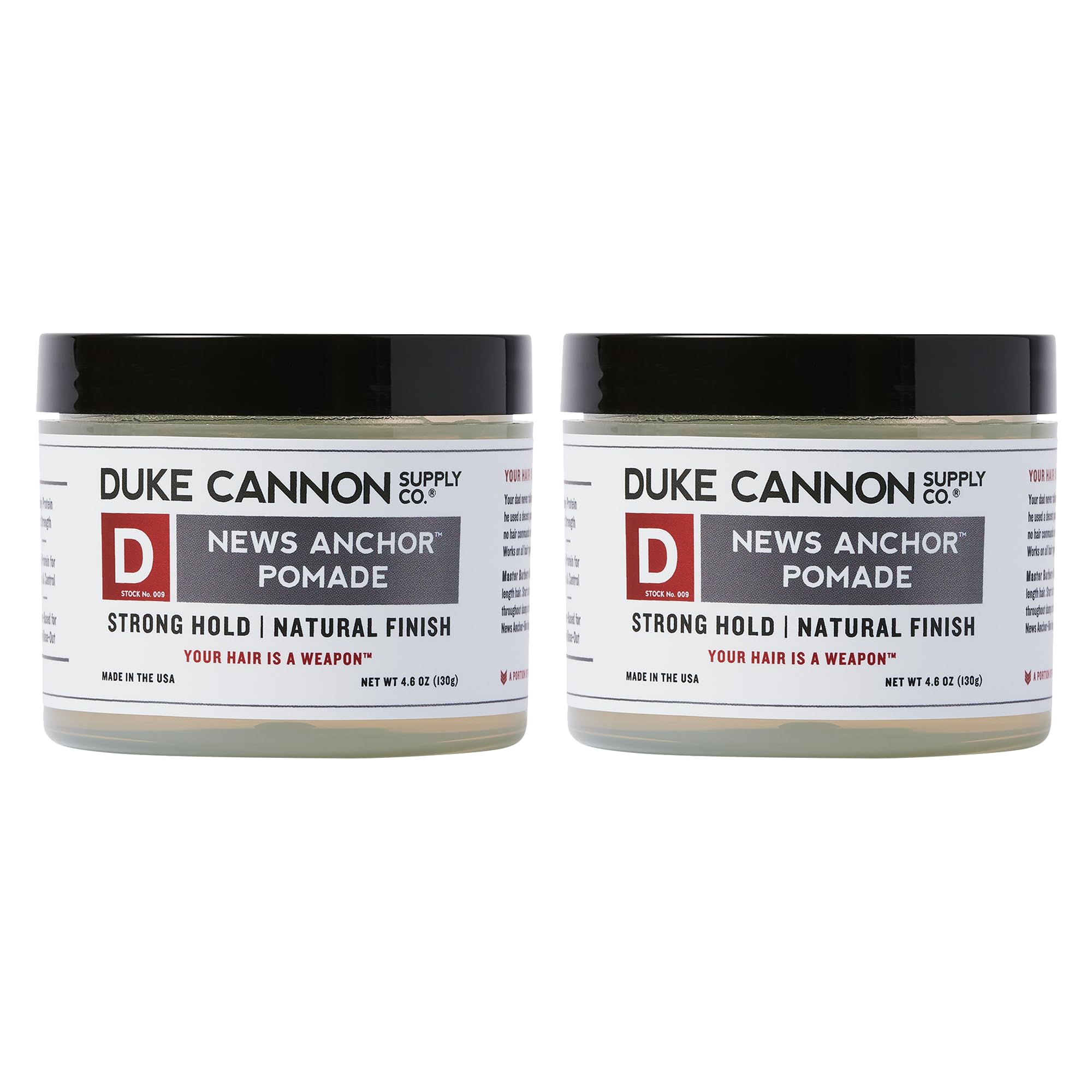 Duke Cannon News Anchor Pomade texture sample on finger demonstrates pliable control for natural styles.