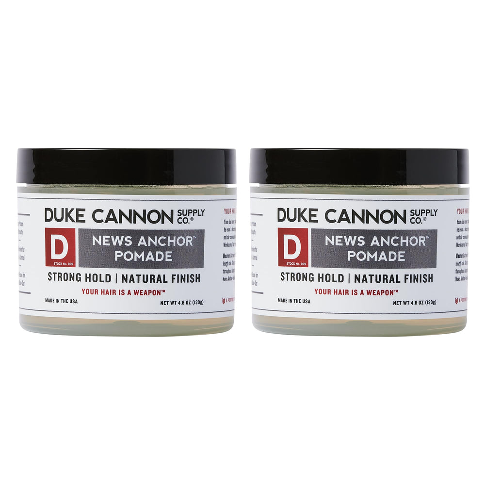 Duke Cannon News Anchor Pomade texture sample on finger demonstrates pliable control for natural styles.