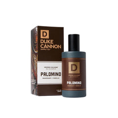 duke cannon palomino proper bottle close-up highlights mahogany and vanilla notes for daily wear