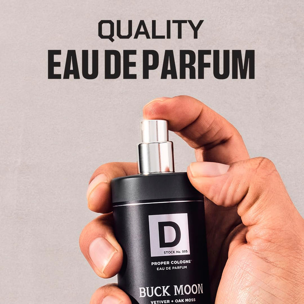 Buck Moon bottle close-up reveals lime and vetiver for long-lasting freshness.