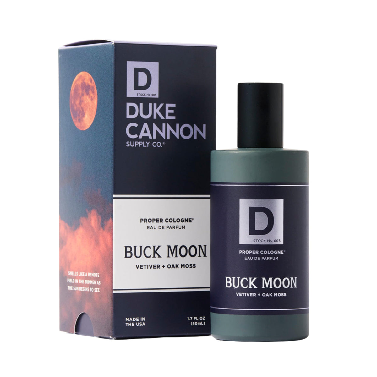 Duke Cannon Buck Moon bottle on wood display showcases everyday signature scent.
