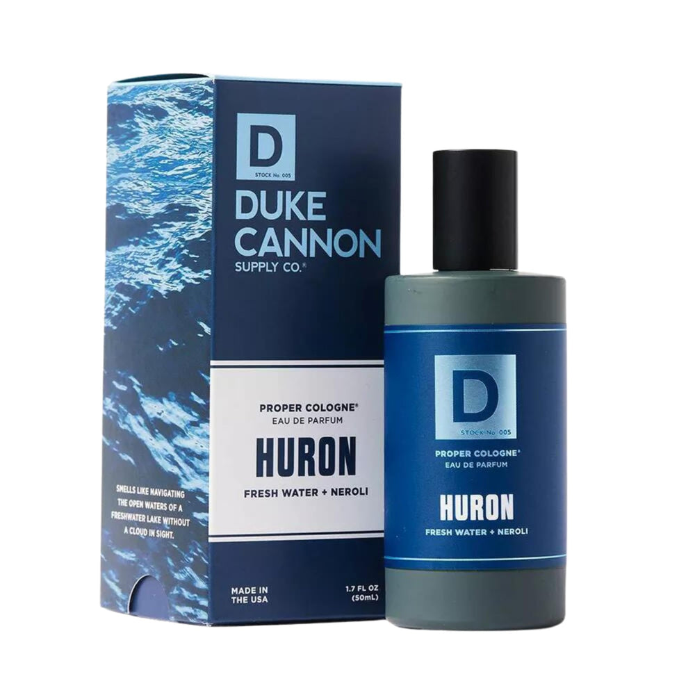 Duke Cannon Proper Cologne Huron bottle front shows fresh aquatic warmth for daily confidence.