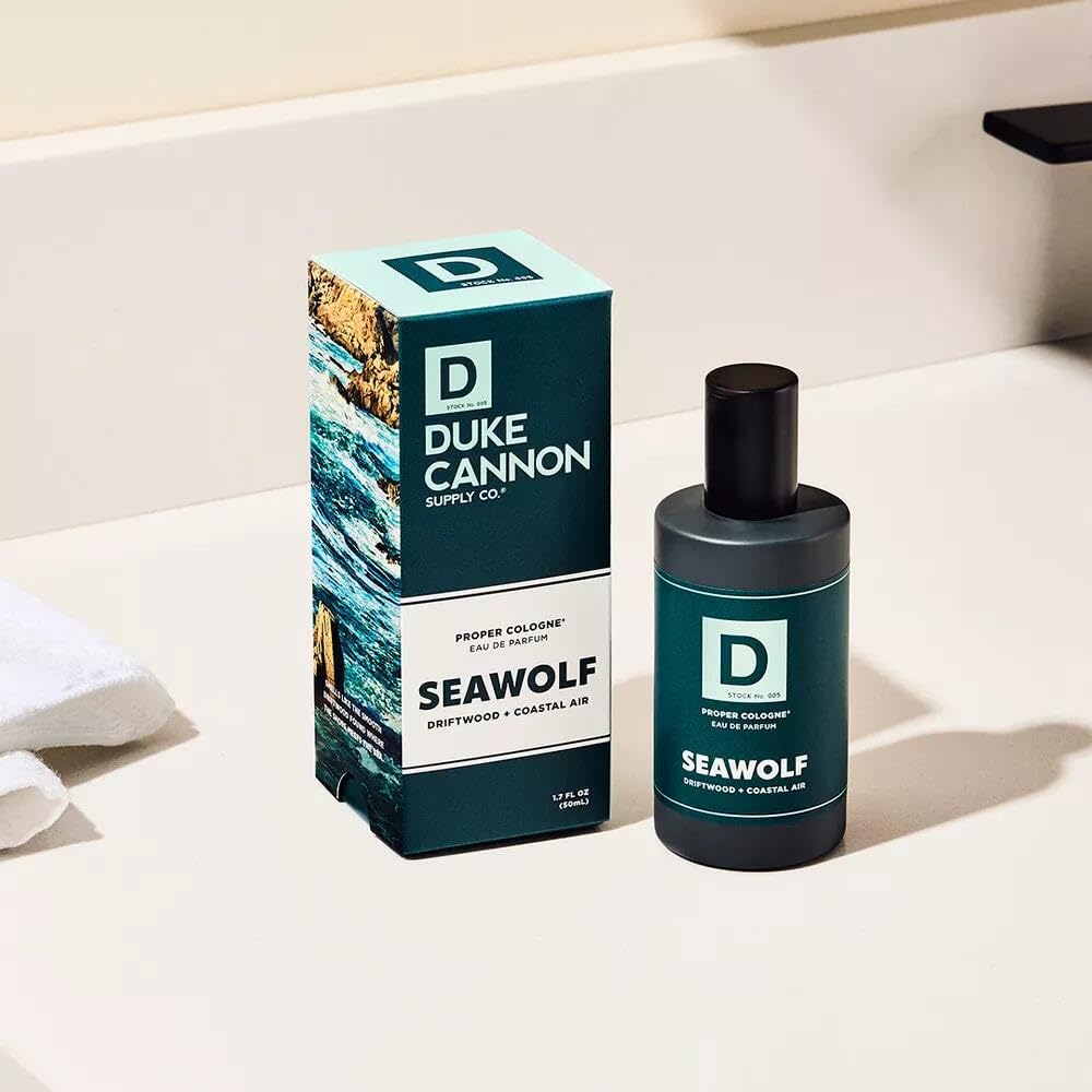 Duke Cannon Seawolf label close-up highlights fragrance concentration.