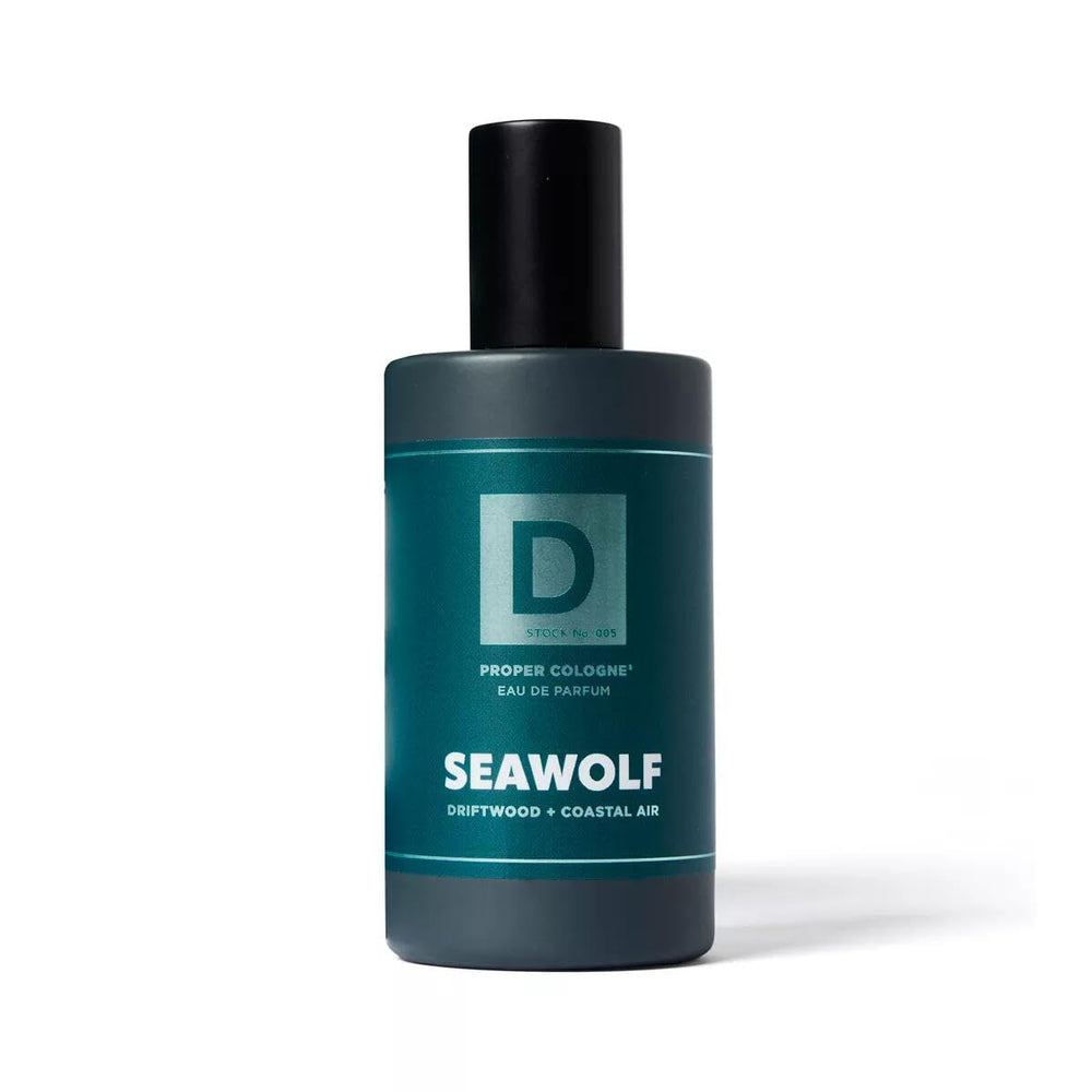 Duke Cannon Seawolf bottle against sea-toned backdrop evokes calm.