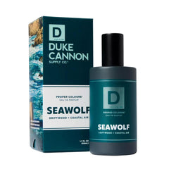 Duke Cannon Seawolf driftwood label for subtle coastal freshness.