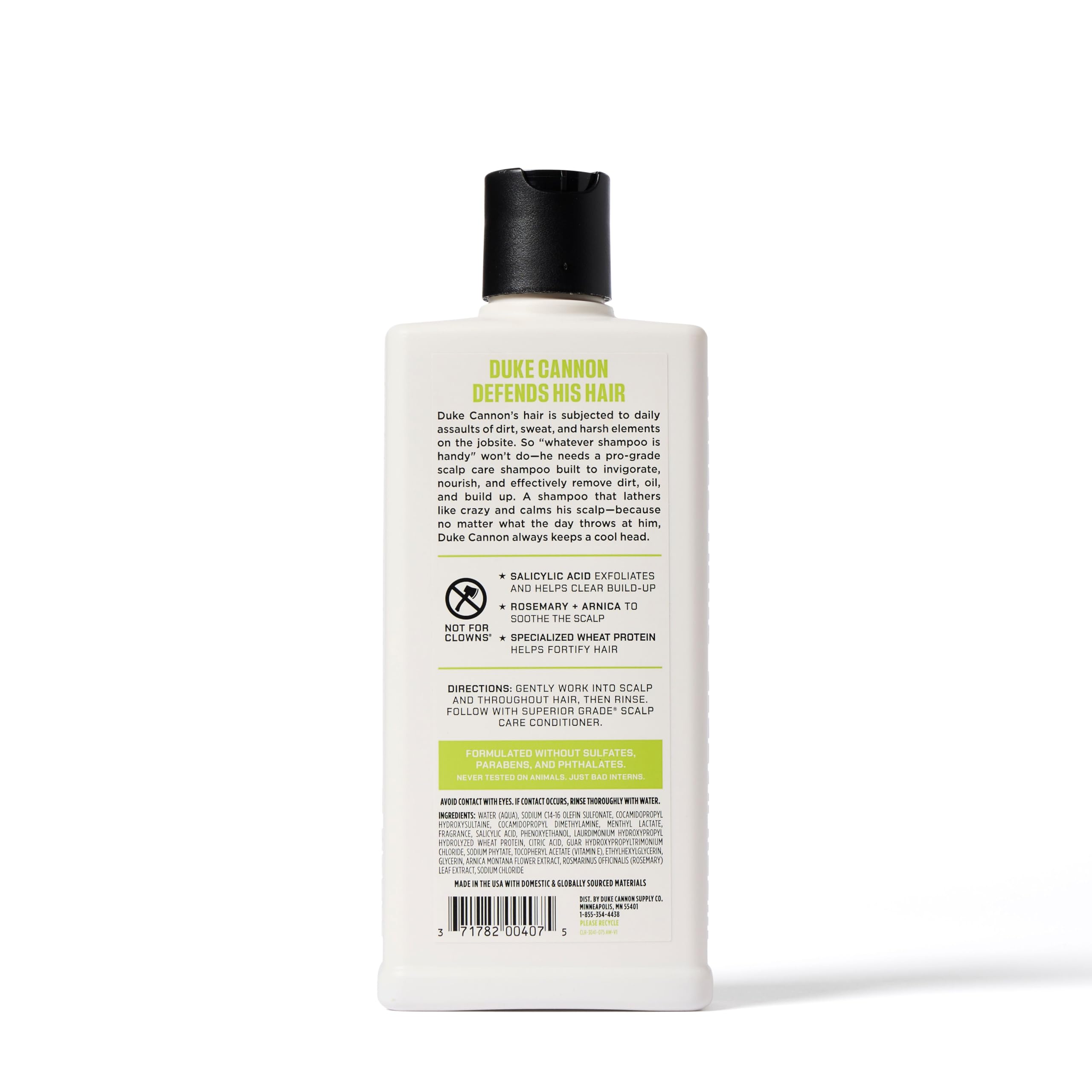 Duke Cannon rosemary-arnica soothing extract calms the scalp.