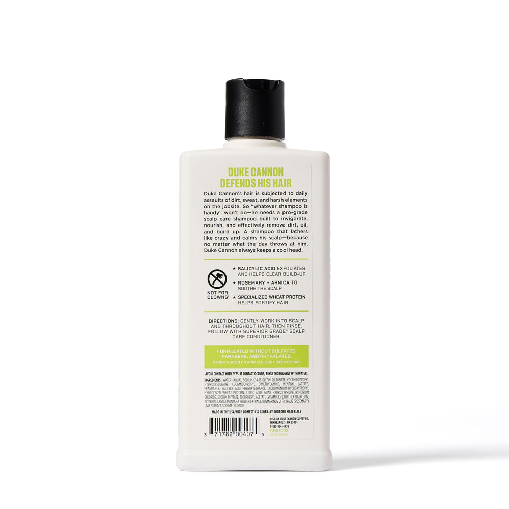 Duke Cannon rosemary-arnica soothing extract calms the scalp.