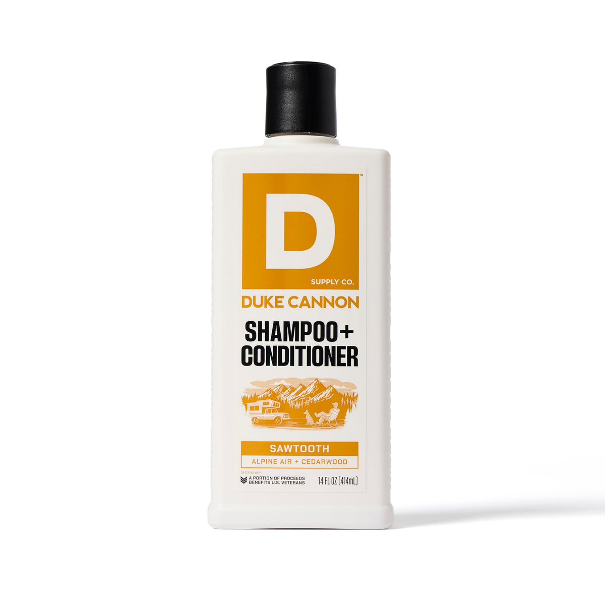 Duke Cannon Sawtooth 2-in-1 Hair Wash bottle front for quick daily grooming.
