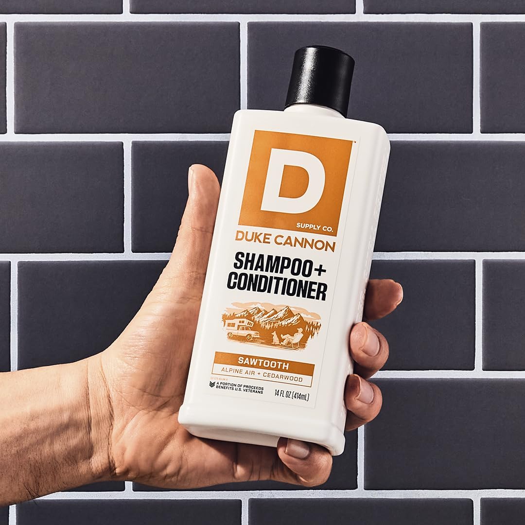 Duke Cannon Sawtooth 2-in-1 Hair Wash lather scene suggests effortless cleansing.