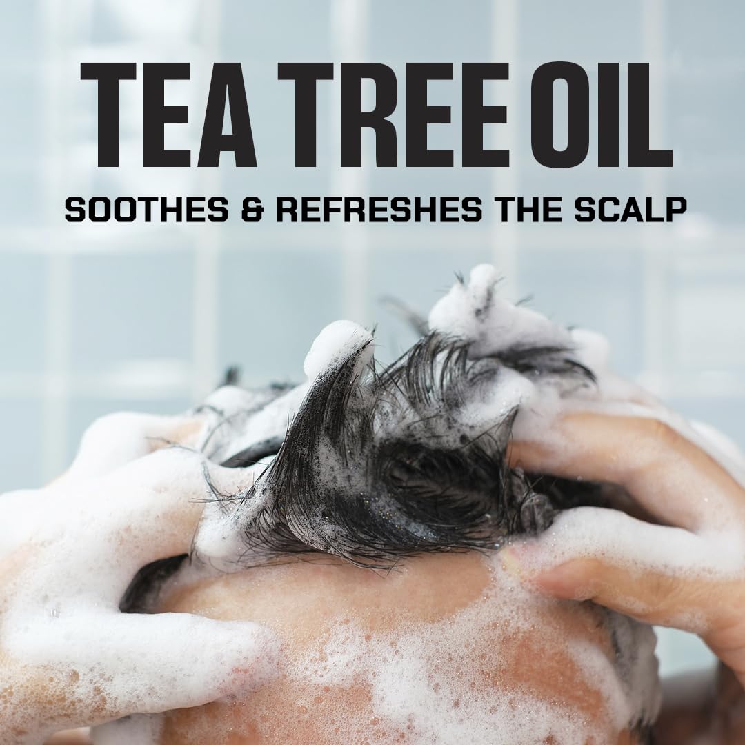 Duke Cannon Sawtooth bottle close-up notes tea tree oil for refreshed scalp.