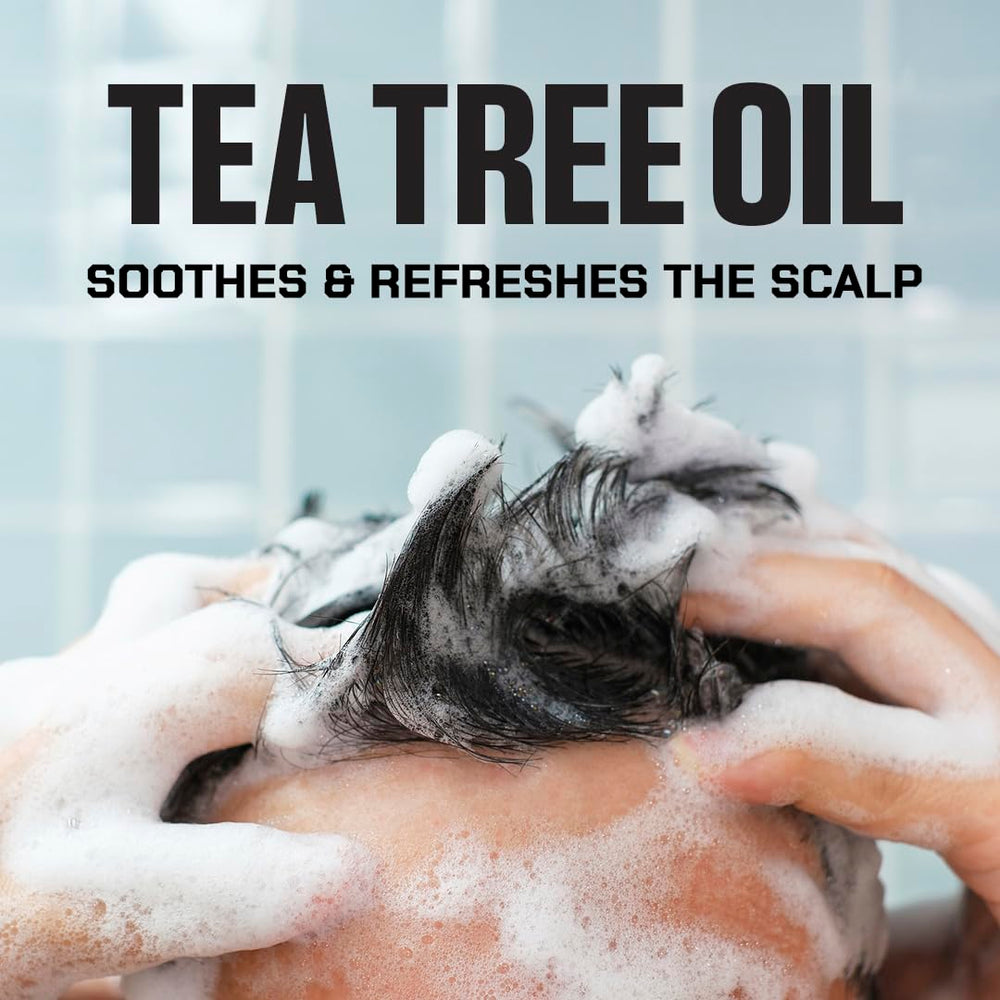 Duke Cannon Sawtooth bottle close-up notes tea tree oil for refreshed scalp.