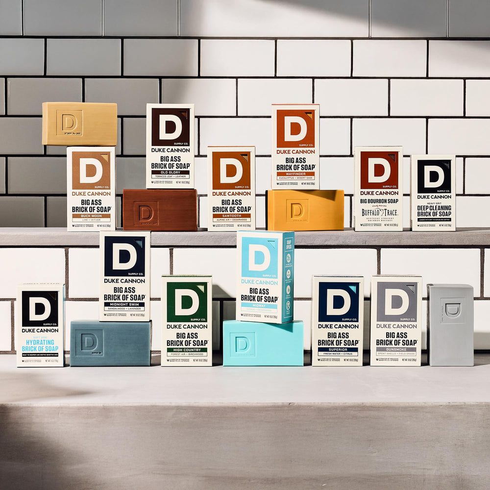 Duke Cannon soap in daily shower setup emphasizes quick, thorough cleansing