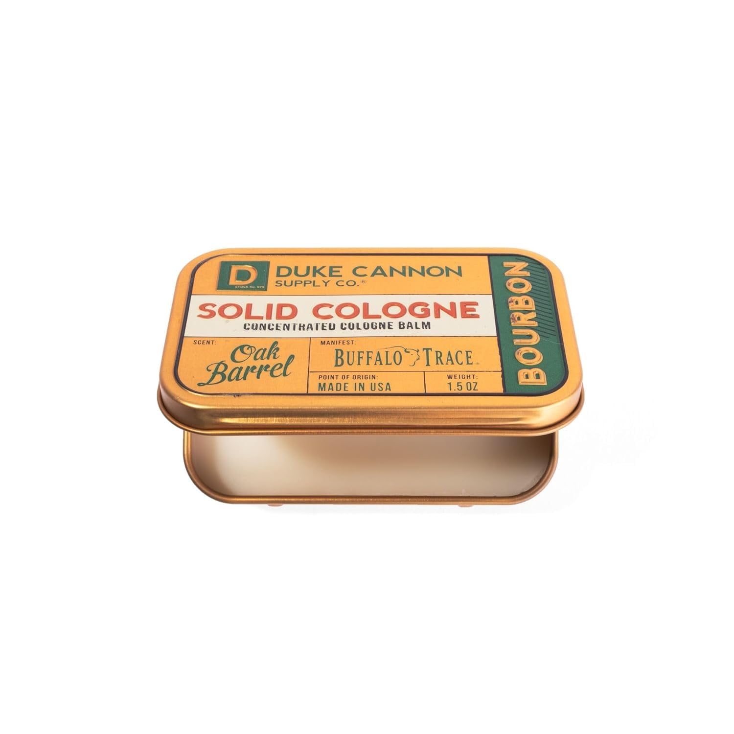 Duke Cannon Bourbon solid cologne oak-barrel notes evoke rugged craftsmanship.