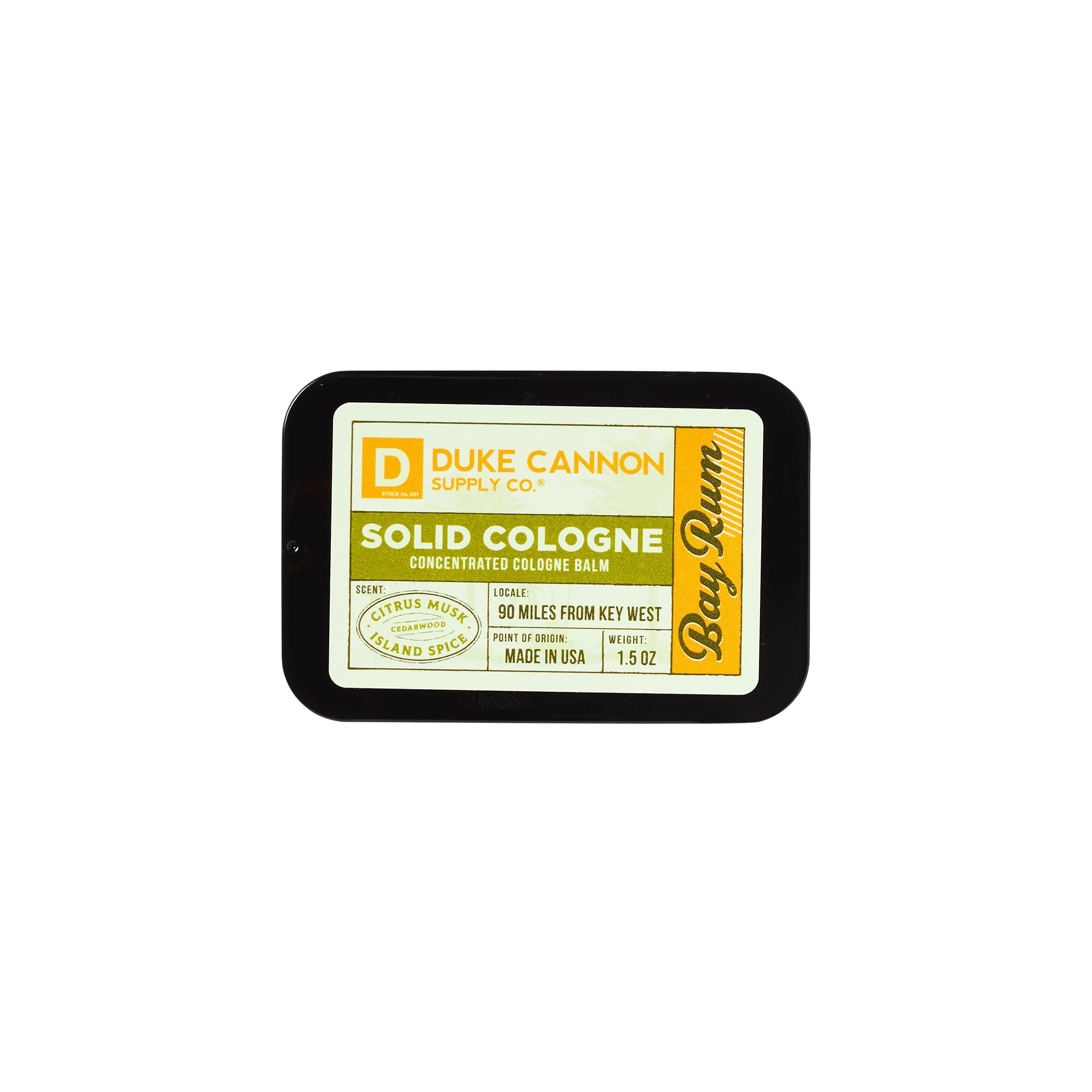 Duke Cannon solid cologne with cedarwood note offering rugged depth.