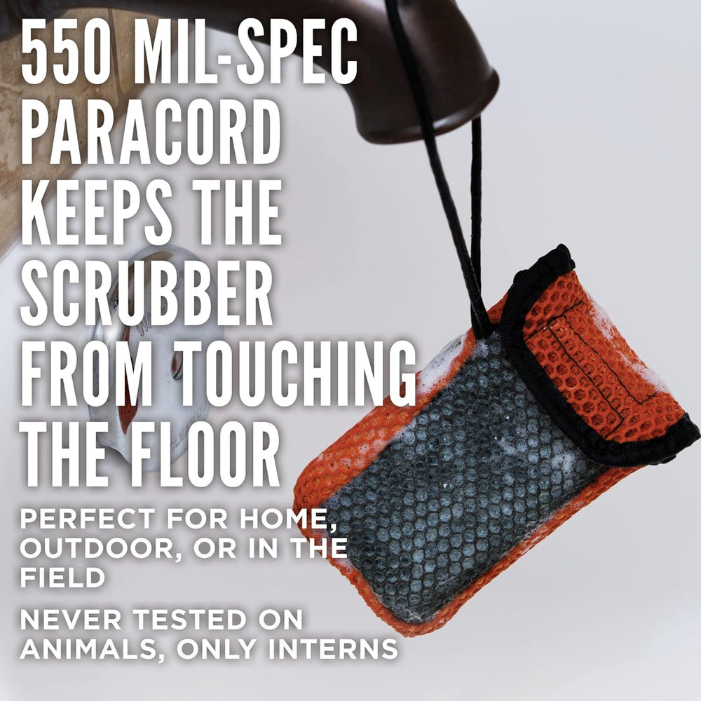 Duke Cannon Tactical Scrubber Pouch featuring 550 paracord keeps soap off ground for cleaner showers.