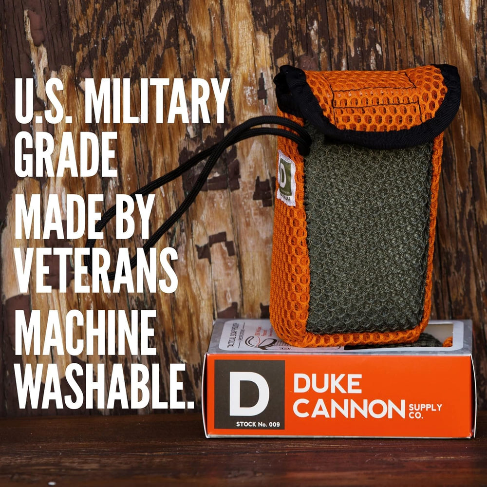 Duke Cannon Tactical Scrubber Pouch showcases soap-on-a-rope practicality for easy storage in any shower.