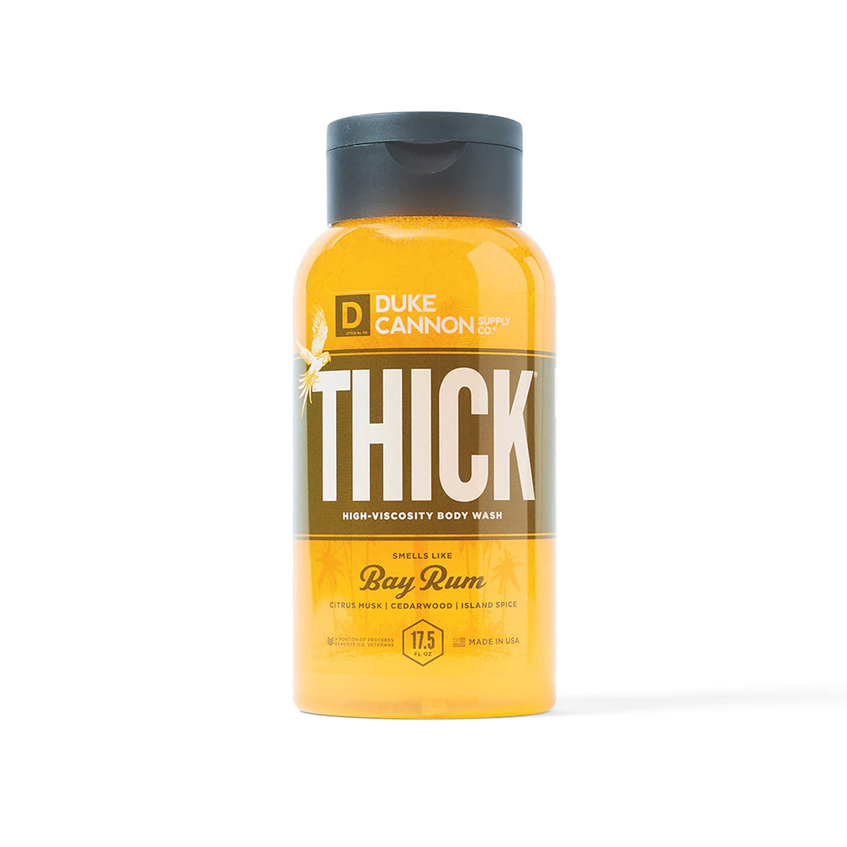Duke Cannon Thick Bay Rum body wash bottle ready for a refreshing shower ritual.