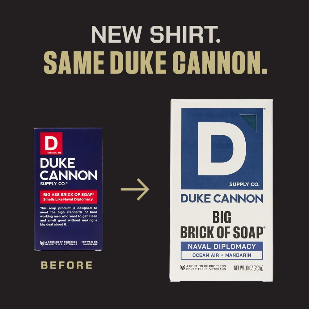 Premium feel of Duke Cannon triple milled label signaling long-lasting lather