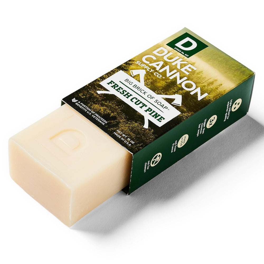 Duke Cannon Pine label close-up highlighting triple-milled quality and paraben-free formula.