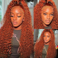 DULTEV Ginger Orange Lace Front Wig deep wave with 180% density for volume.
