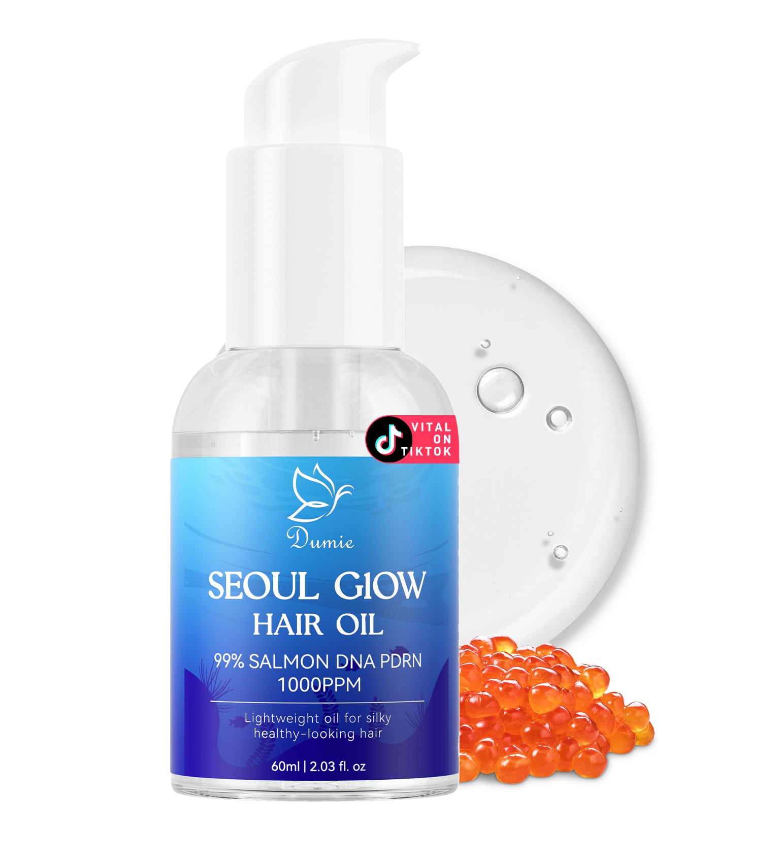 Dumie Salmon DNA PDRN Hair Oil bottle showing lightweight repair for damaged hair