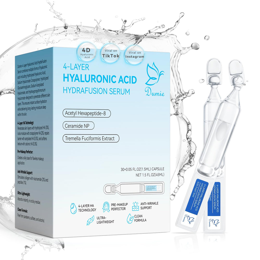 Dumie 3% HA serum bottle close-up highlighting hydration-boosting formula.