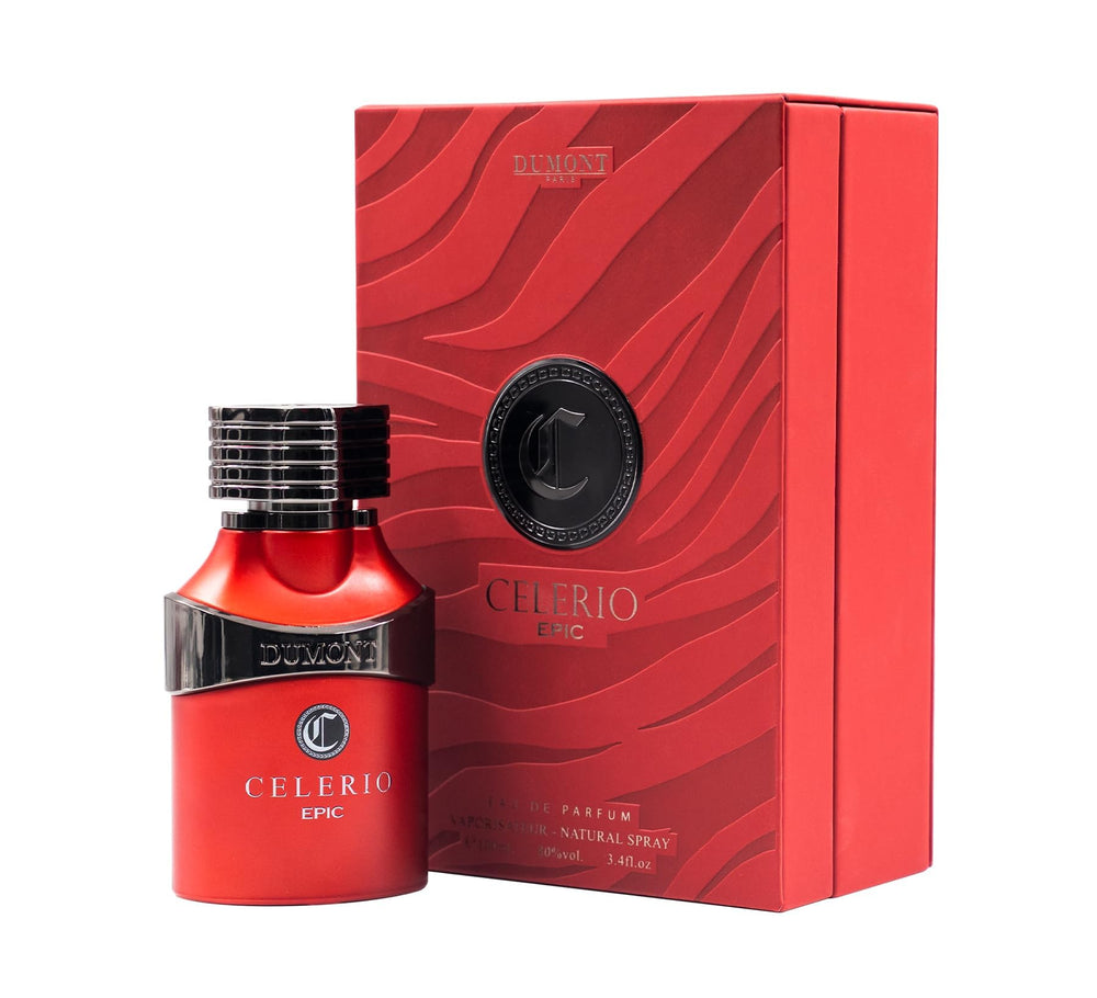 Dumont Celerio Epic bottle in bold red, showcasing premium, long-lasting fragrance.