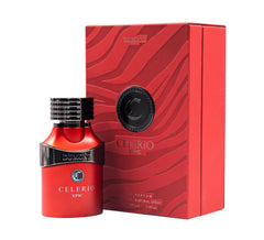 Dumont Celerio Epic bottle in bold red, showcasing premium, long-lasting fragrance.