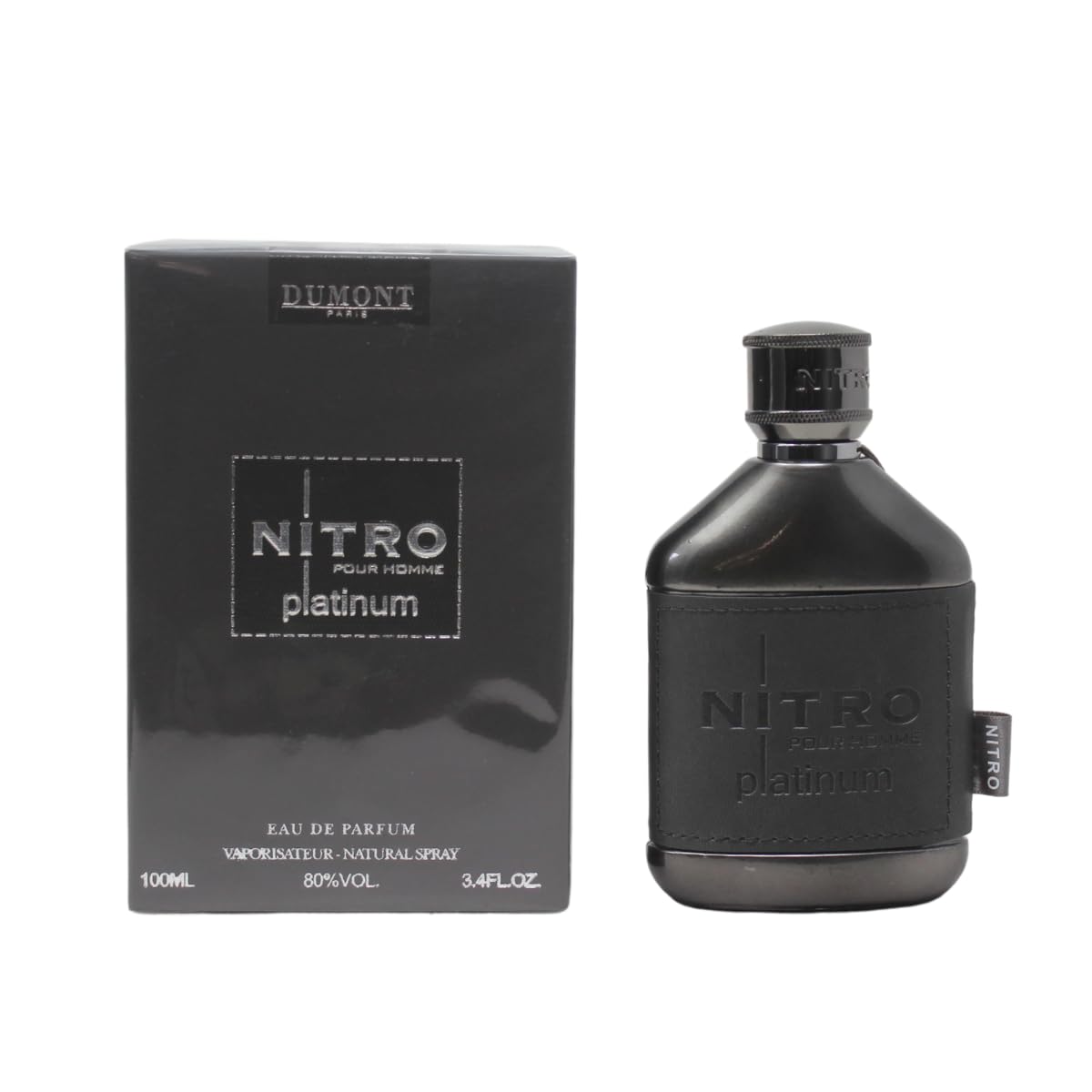 Dumont Nitro Platinum bottle front view highlights sleek metallic design for premium fragrance appeal.