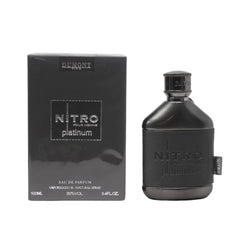 Dumont Nitro Platinum bottle front view highlights sleek metallic design for premium fragrance appeal.