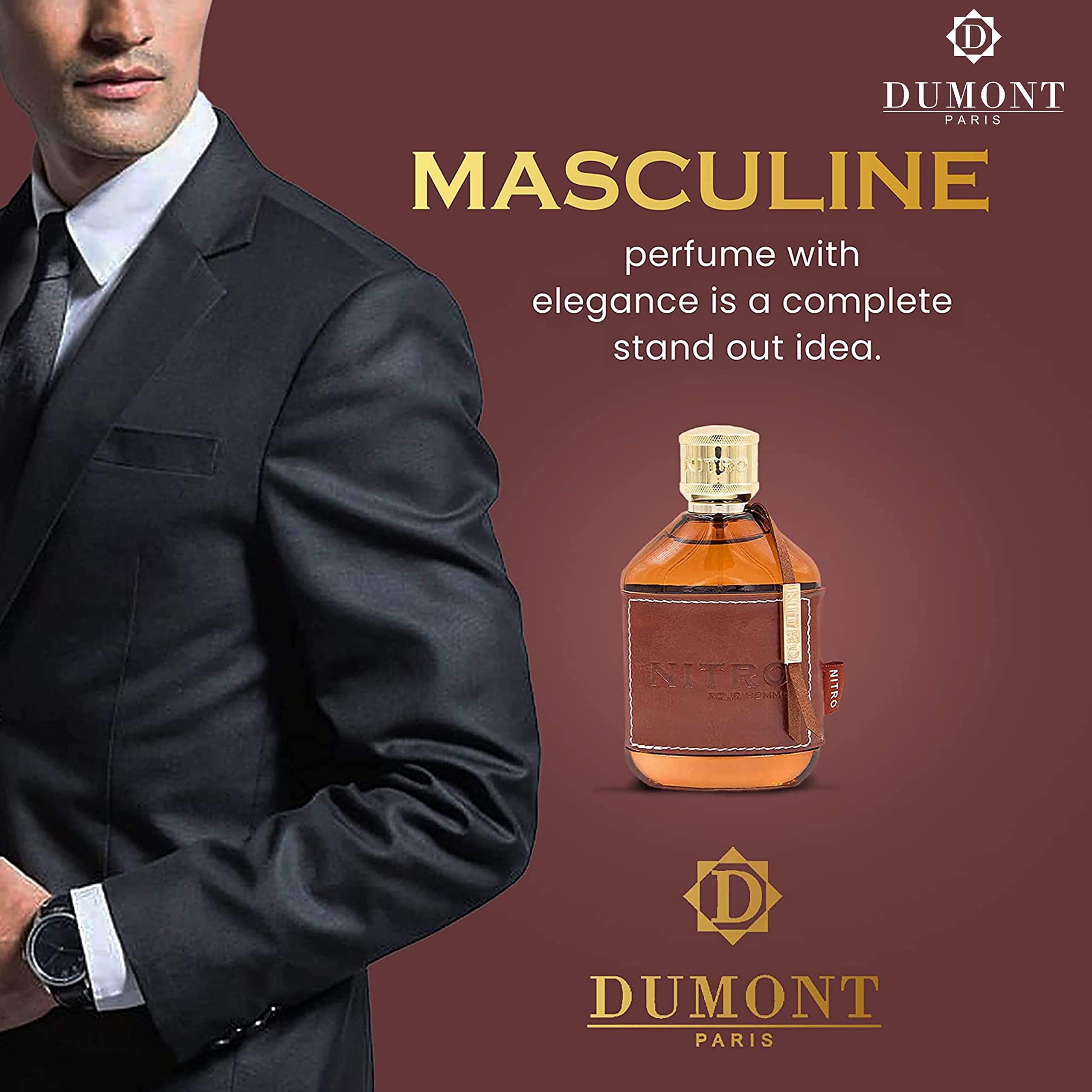 Dumont Nitro Pour Homme highlights floral notes rose and jasmine for daytime elegance.