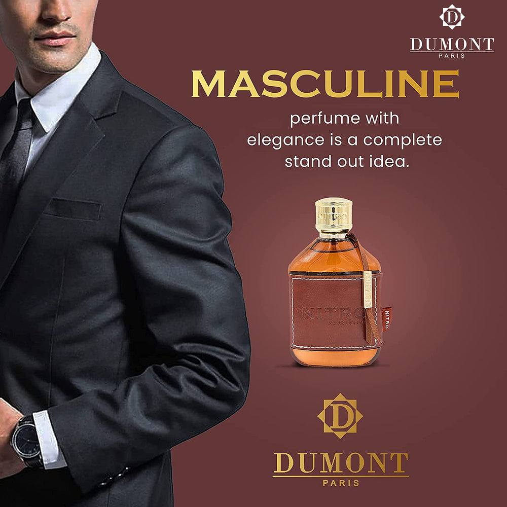 Dumont Nitro Pour Homme highlights floral notes rose and jasmine for daytime elegance.