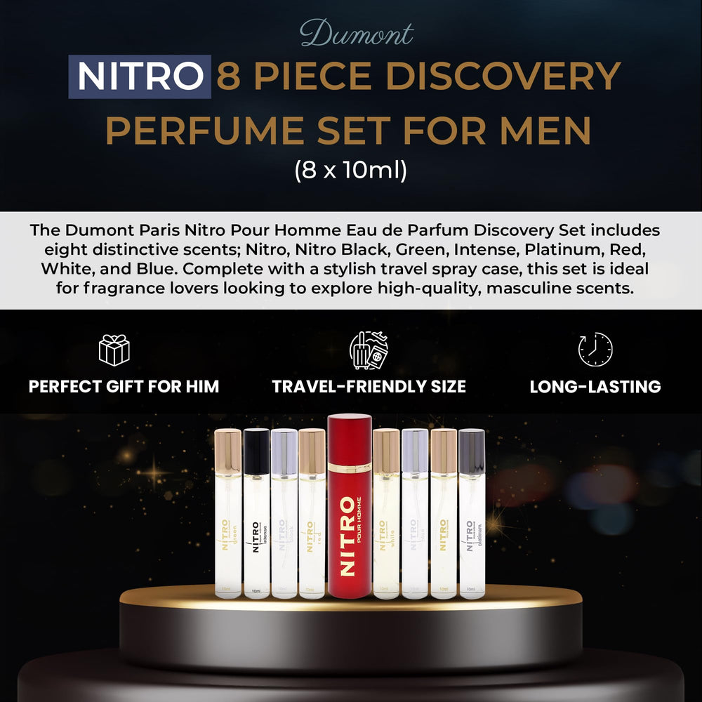 Dumont Nitro Pour Homme sample vials, compact travel set for daily scent exploration